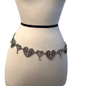 Vintage Y2K Brighton Retired Belt Heavy Rhinestone Heart Dangle Adjustable S 36”